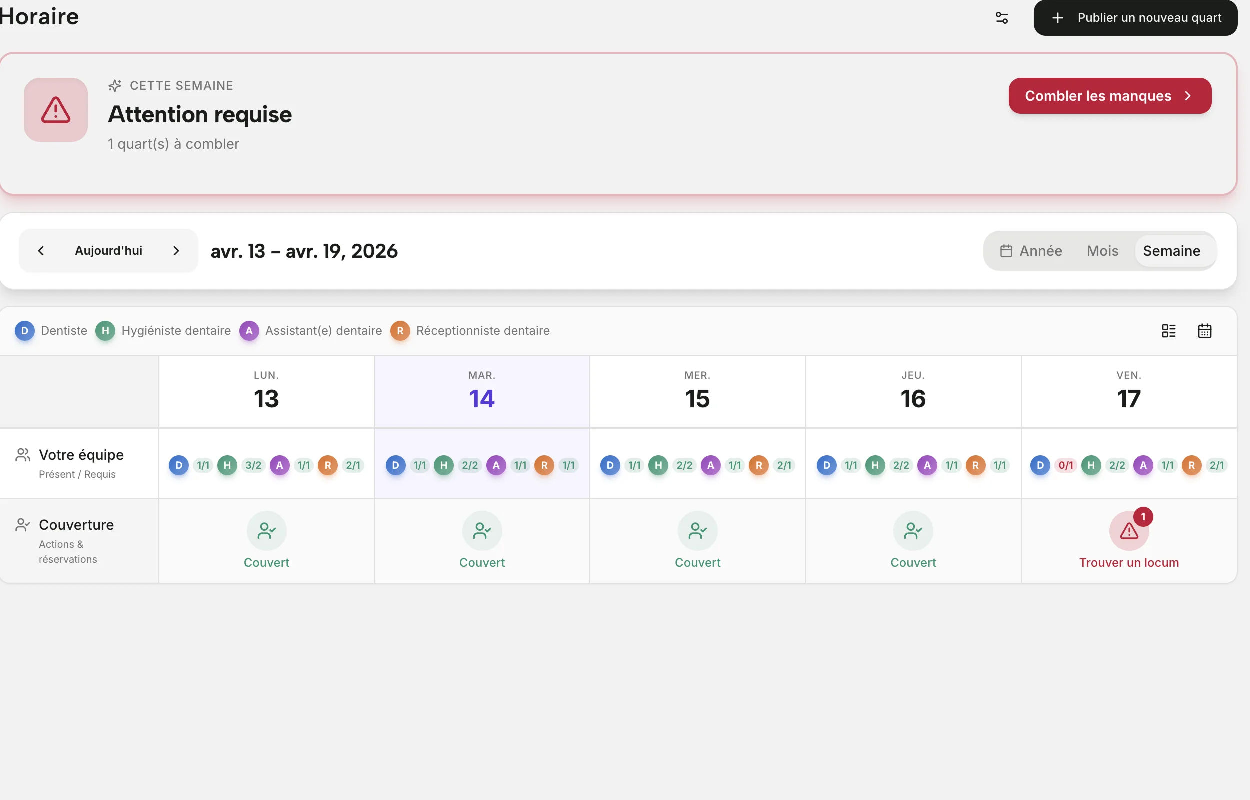 Tableau de bord Boolo pour une clinique indépendante, montrant l’horaire de la semaine et un quart en cours de couverture.